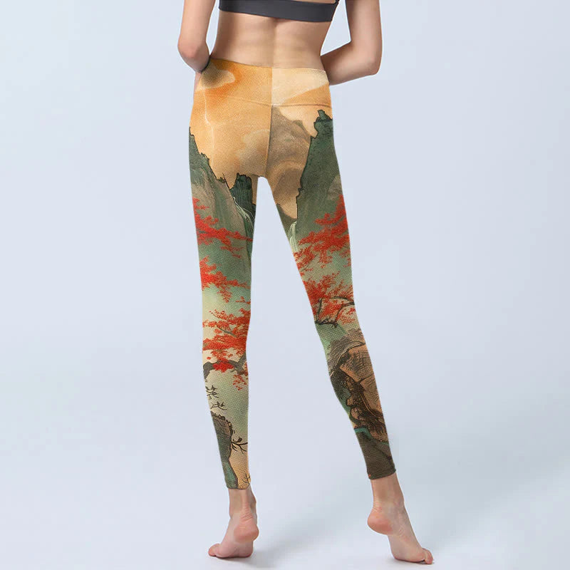 Buddha Stones Mountains Trees Rising Sun Pattern Print Gym Leggings Women's Yoga Pants