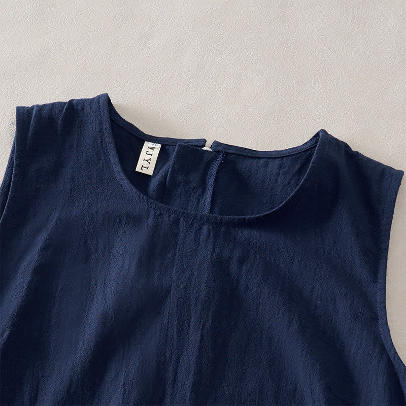 Buddha Stones Summer Embroidery Hem Back Zipper Design Sleeveless Solid Color Mini Dress With Pockets