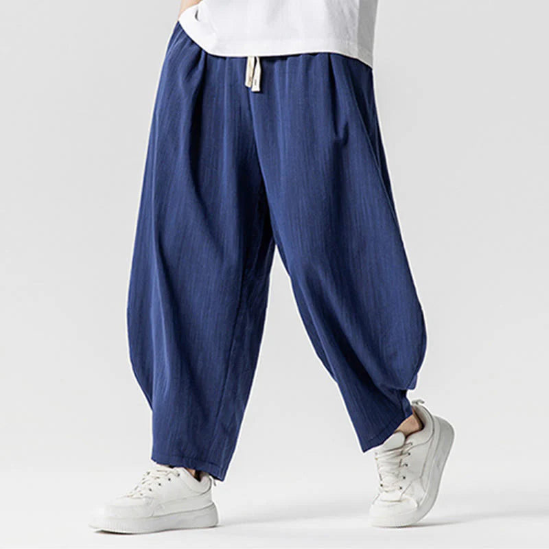 Buddha Stones Summer Pure Color Drawstring Men's Cotton Ankle-Length Pants With Pockets