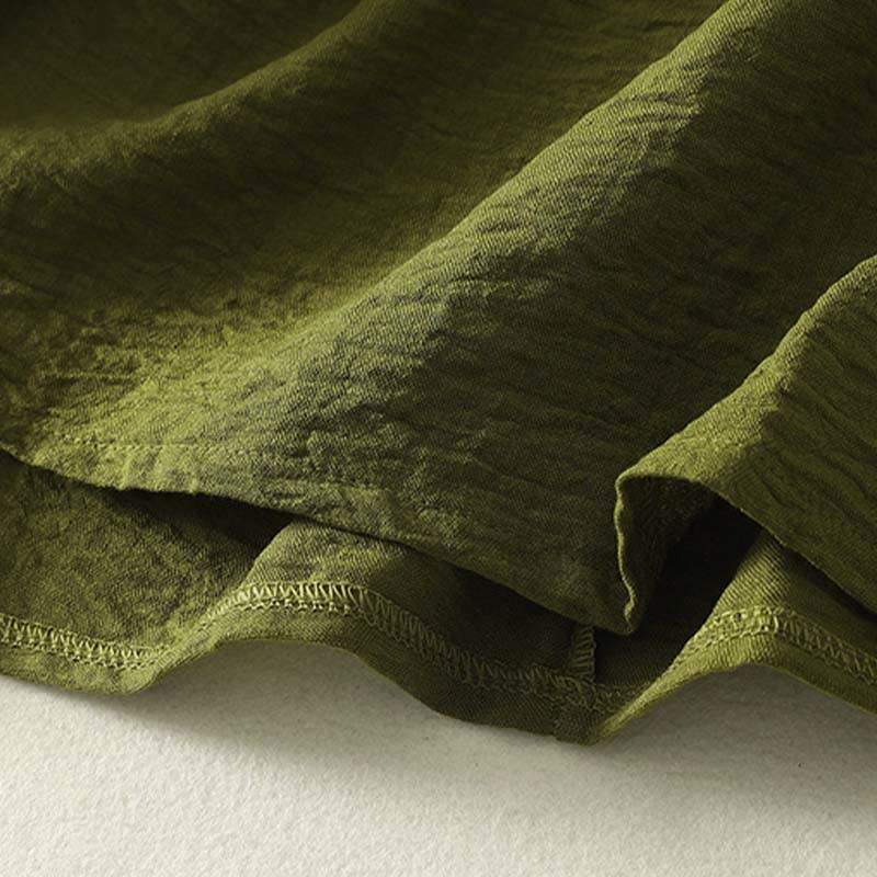 Buddha Stones Casual Olive Green Crew Neck Women's Cotton Linen Long Sleeve Shirt