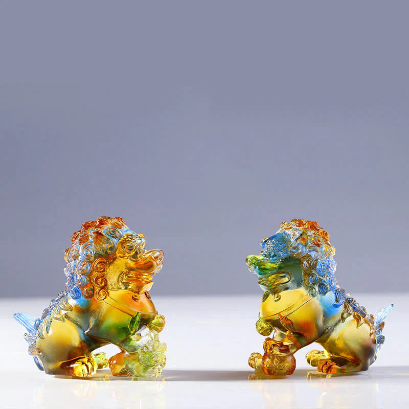 Buddha Stones Handmade Liuli Crystal Lion Art Piece Strength Home Office Decoration