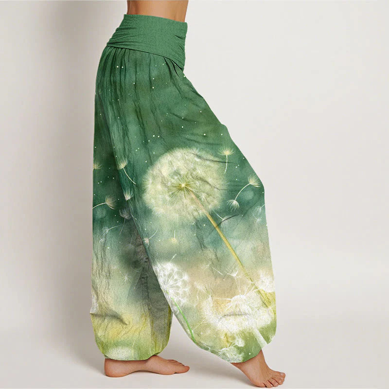 Buddha Stones Cotton Casual Dandelion Pattern Women's Elastic Waist Harem Pants