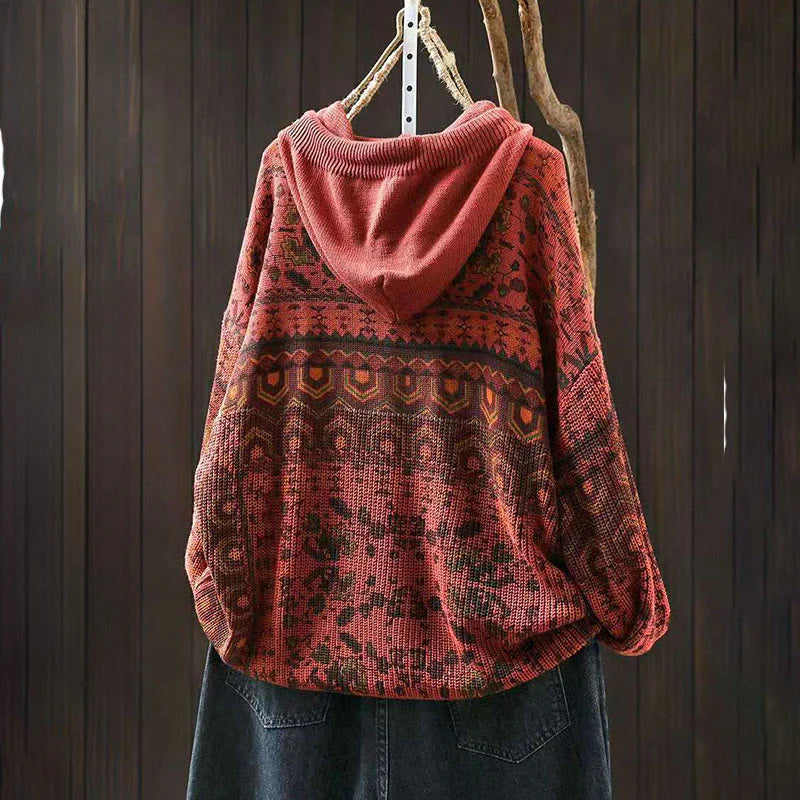 Buddha Stones Fall Striped Geometric Flowers Cotton Women's Long Sleeve Pullover Knitted Hoodie
