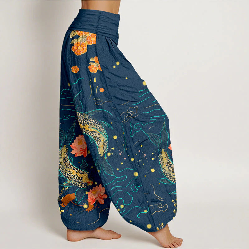 Buddha Stones Koi Fish Lotus Pattern Women's Elastic Waist Harem Pure Cotton Printed Pants