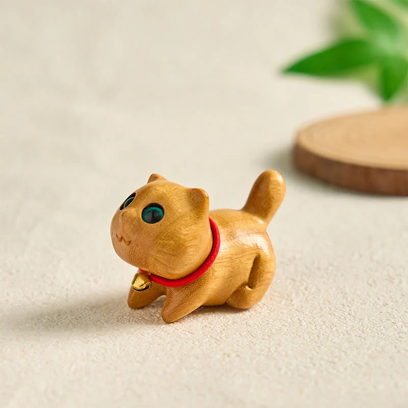 Buddha Stones Mini Sandalwood Carved Lucky Confident Cat Healing Decoration