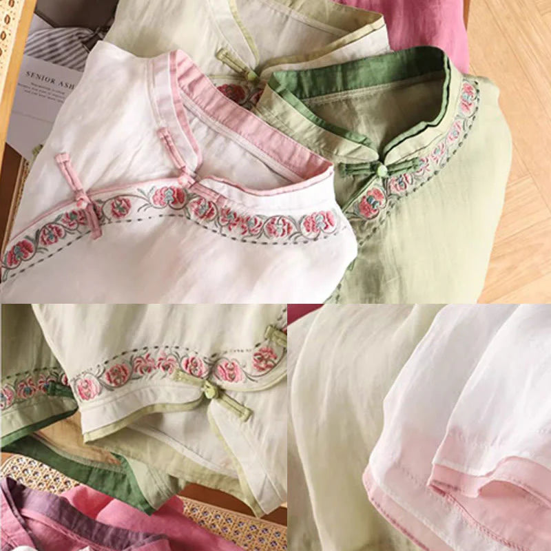 Buddha Stones Vintage Zen Embroidery Plant Floral Pattern Chinese Frog-Button Design Three Quarter Sleeve Women's Cotton Linen Shirt