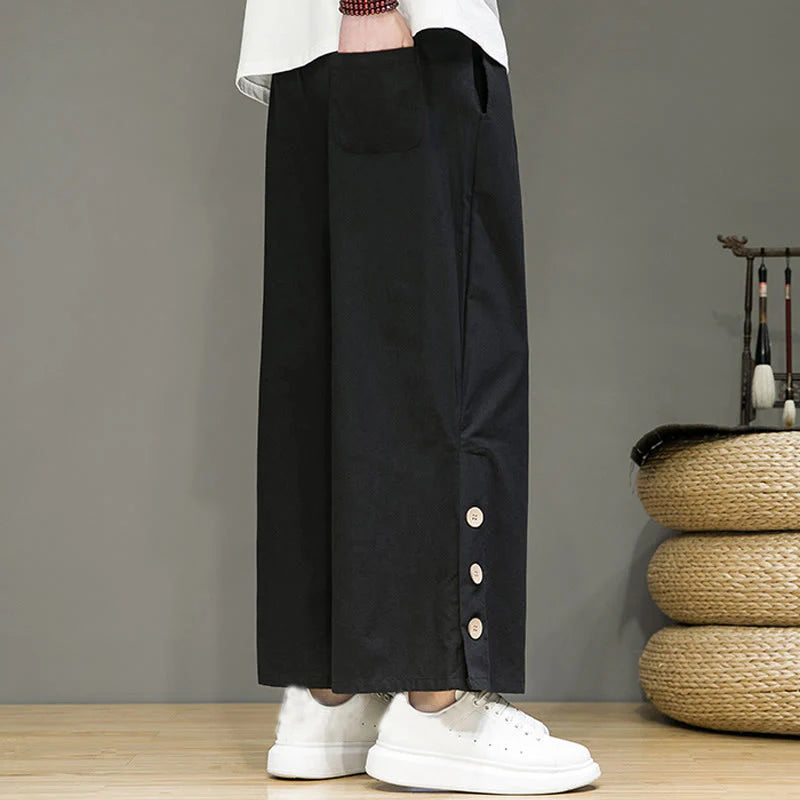 Buddha Stones Solid Color Linen Buttons Drawstring Men's Straight Leg Pants With Pockets