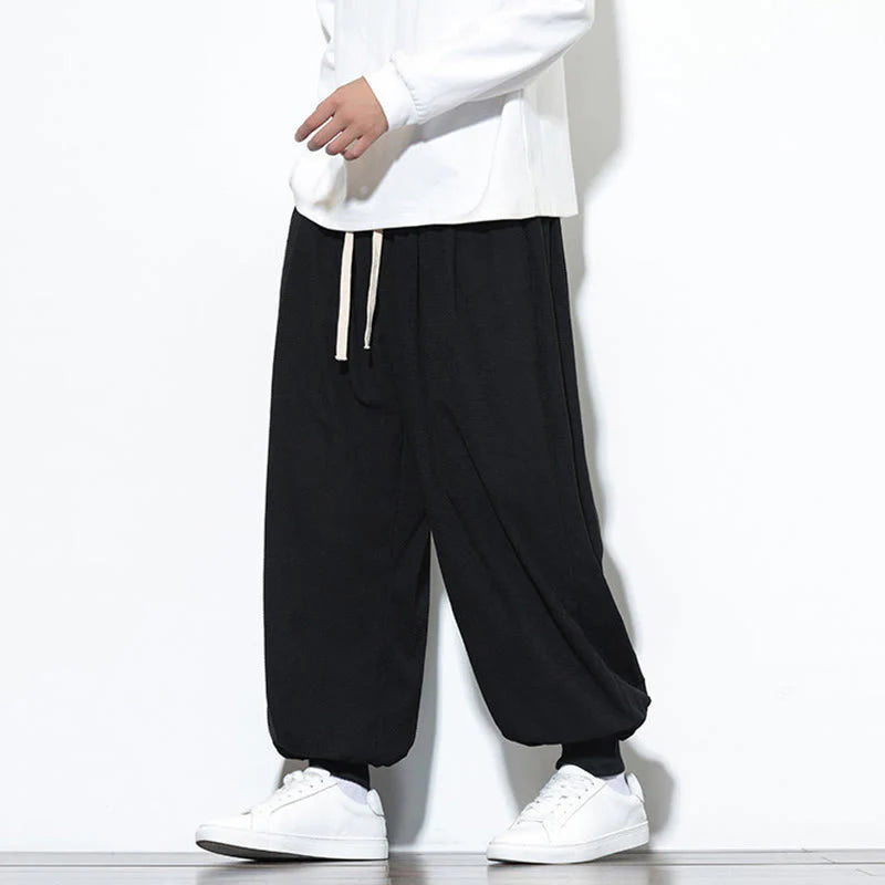 Buddha Stones Fall Plain Drawstring Simple Design Men's Harem Cotton Corduroy Pants With Pockets