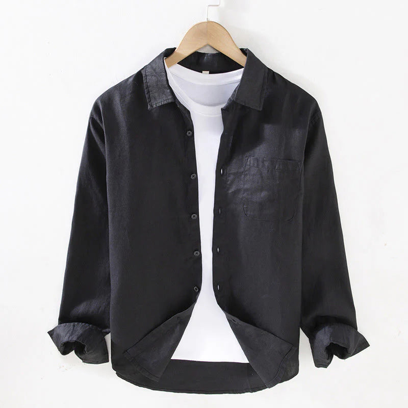 Buddha Stones Spring Men's Casual Pure Color Linen Long Sleeve Shirt With Pocket