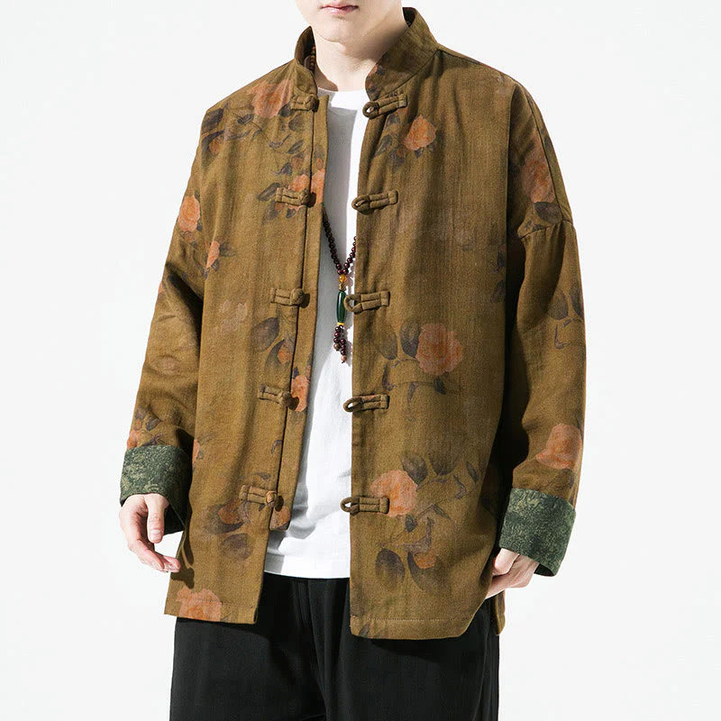 Buddha Stones Spring Printed Floral Pattern Men's Chinese Frog-button Long Sleeve Cotton Jacket