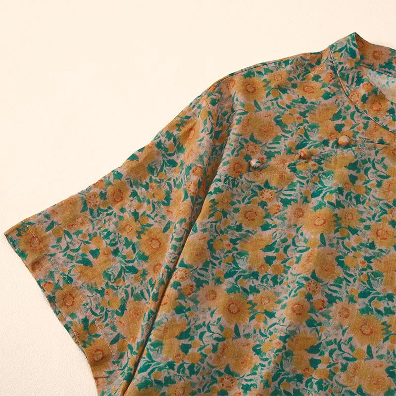 Buddha Stones Summer  Frog-Button Stand Collar Short Sleeve Flower Pattern Women's Cotton Shirt