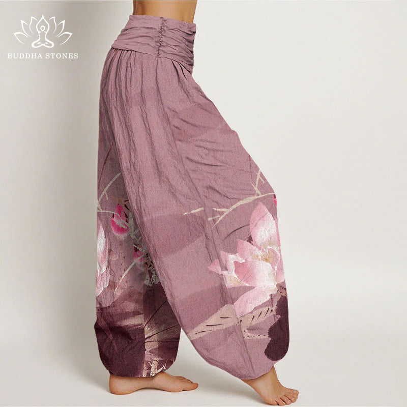Buddha Stones Cotton Pink Lotus Leaves Bird Pattern Women's Elastic Waist Harem Pants
