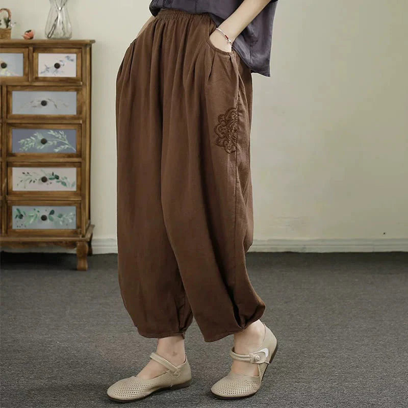 Buddha Stones Vintage Solid Color Embroidery Cotton Linen Women's 7-8 Length Harem Pants With Pockets