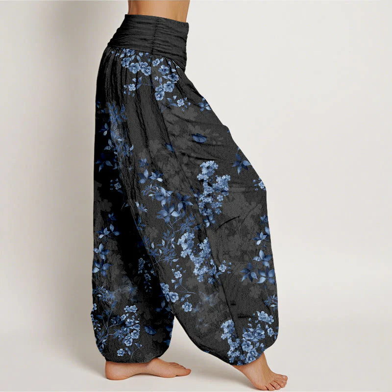 Buddha Stones Cotton Hazy Flower Leaf Pattern Women's Elastic Waist Harem Pants