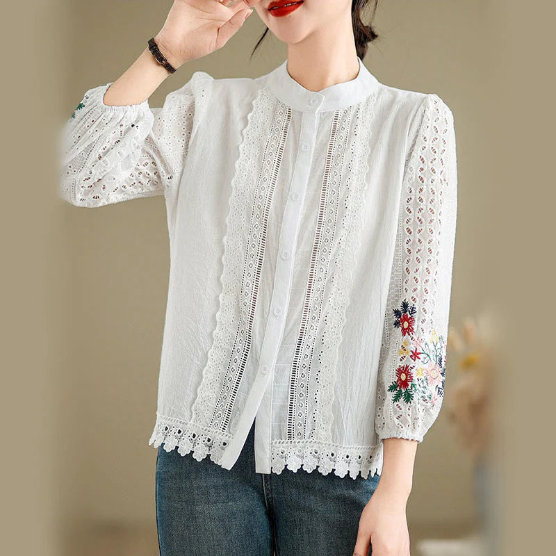 Buddha Stones Fall Lace Embroidery Flower Leaf Pattern Stand Collar Buttons Women's Long Sleeve Shirt