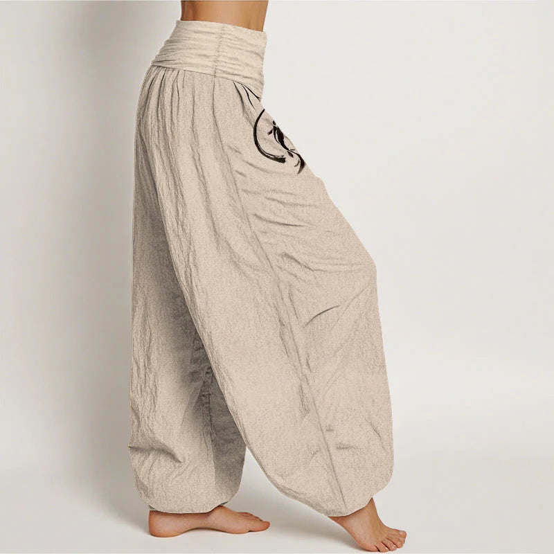Buddha Stones Yin Yang Koi Fish Design Women's Elastic Waist Harem Pure Cotton Pants