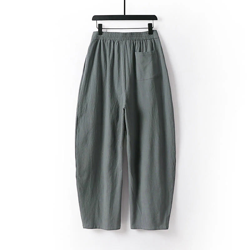 Buddha Stones Plain Straight Leg Zipper Design Men's Cotton Linen Pants With Pockets