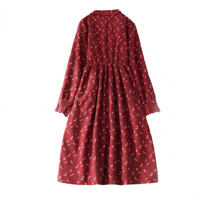 Buddha Stones Floral Pattern Lace Patchwork Design Long Sleeve Corduroy Midi Dress With Pockets