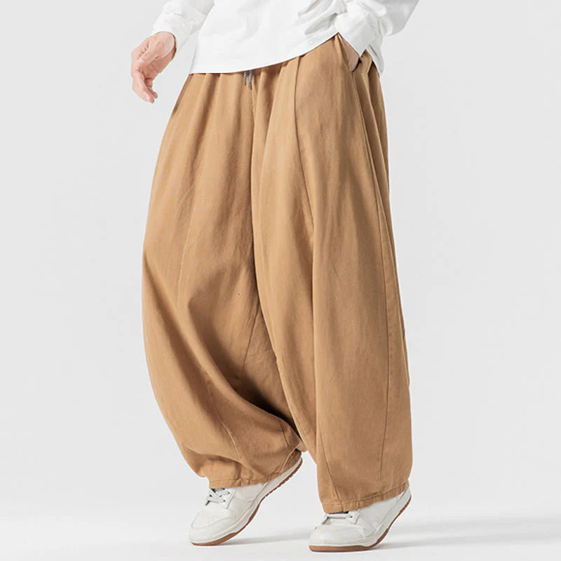 Buddha Stones Fall Solid Color Cotton Elastic Waist Men's Harem Pants With Pockets