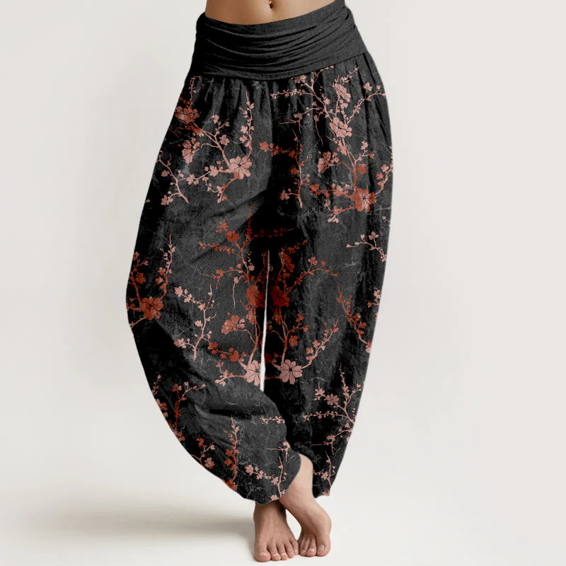 Buddha Stones Pure Cotton Blooming Flowers Branches Leaves Women's Elastic Waist Harem Pants