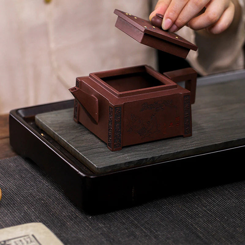 Buddha Stones Yixing All Handmade Gomoku Playing Chess Purple Clay Kung Fu Square Teapot 280ml