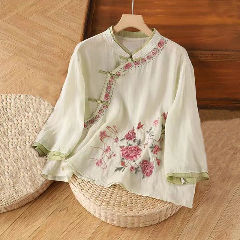 Buddha Stones Vintage Zen Embroidery Plant Floral Pattern Chinese Frog-Button Design Three Quarter Sleeve Women's Cotton Linen Shirt
