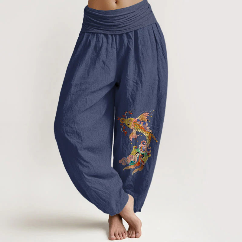 Buddha Stones Pure Cotton Brightly Colored Koi Fish Copper Coins Chinese Characters Pattern Women's Elastic Waist Harem Pants