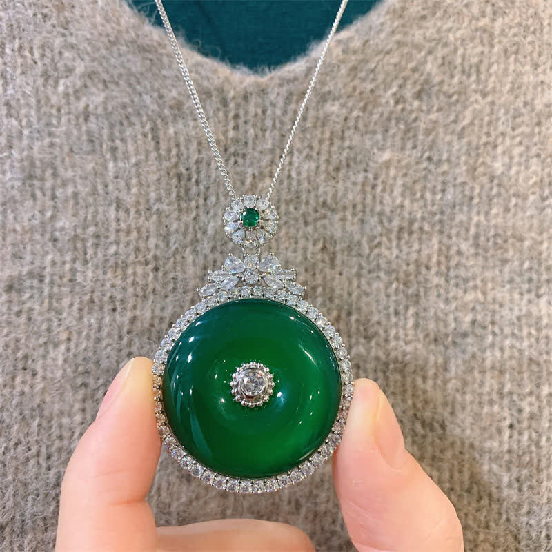 Buddha Stones Green Chalcedony Round Peace Buckle Strength Necklace Pendant
