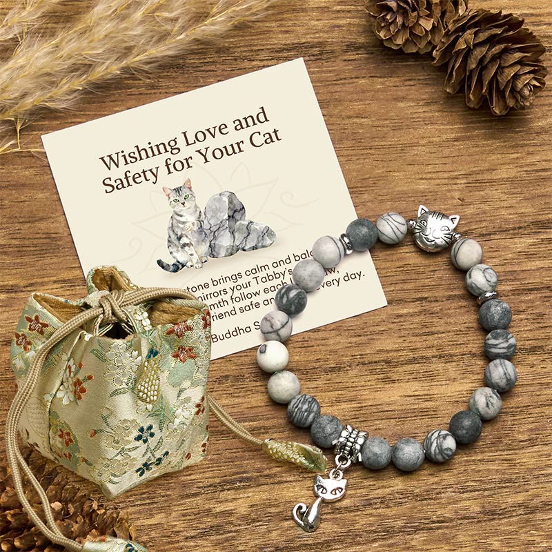 Buddha Stones Wishing Love and Safety for Your Cat Grey Tabby Bracelet Includes Gift Message Card