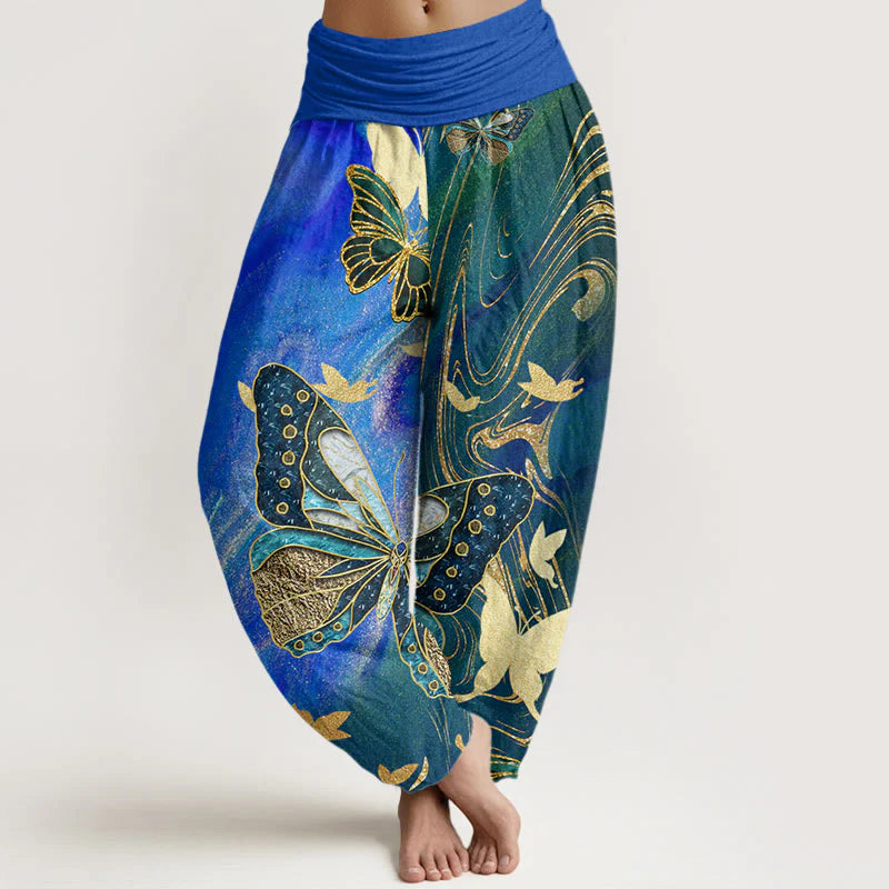 Buddha Stones Cotton Casual Butterfly Gold Line Pattern Women's Elastic Waist Harem Pants