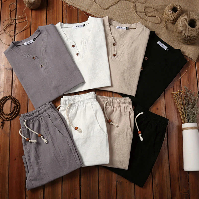 Buddha Stones 2Pcs Plain Notched Collar Short Sleeve T-Shirt Shorts With Pockets Cotton Linen Men's Meditation Cloth Set