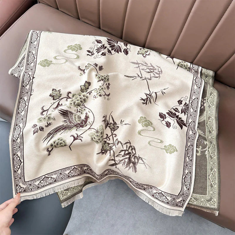 Buddha Stones Winter Birds Bamboo Leaves Vines Pattern Soft Scarf Shawl