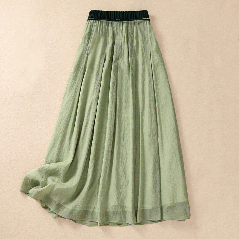 Buddha Stones Casual Contrasting Color Pleated Lace-Up Design Women's Cotton Linen 7-8 Length Skirt