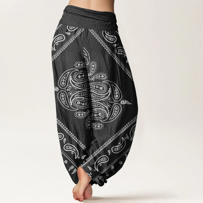 Buddha Stones Cotton Casual Floral Leaf Paisley Pattern Women's Elastic Waist Harem Pants