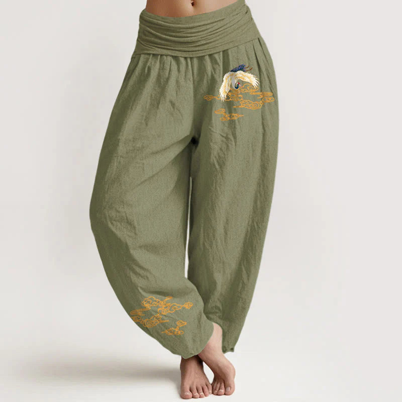 Buddha Stones Plain Crane Auspicious Clouds Pattern Women's Elastic Waist Harem Cotton Pants