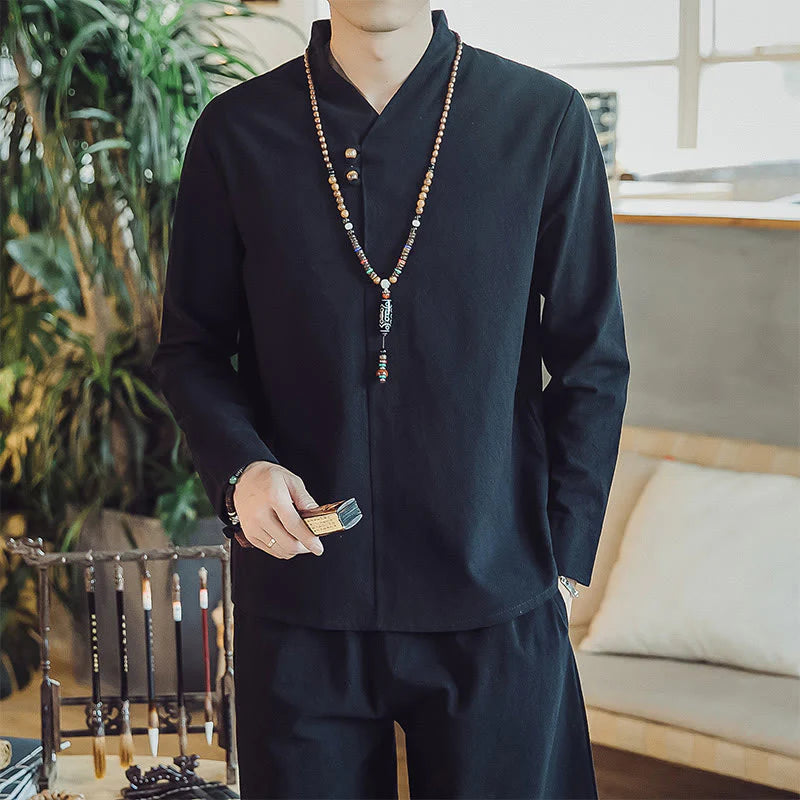Buddha Stones 2Pcs Shirt Ankle-Length Pants With Pockets Men's Meditation Cloth Set