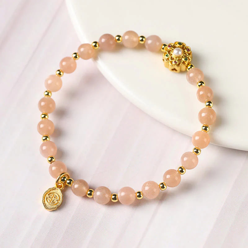 Buddha Stones 14K Gold Plated Natural Strawberry Quartz Labradorite Sun Stone Fu Character Positive Charm Bracelet