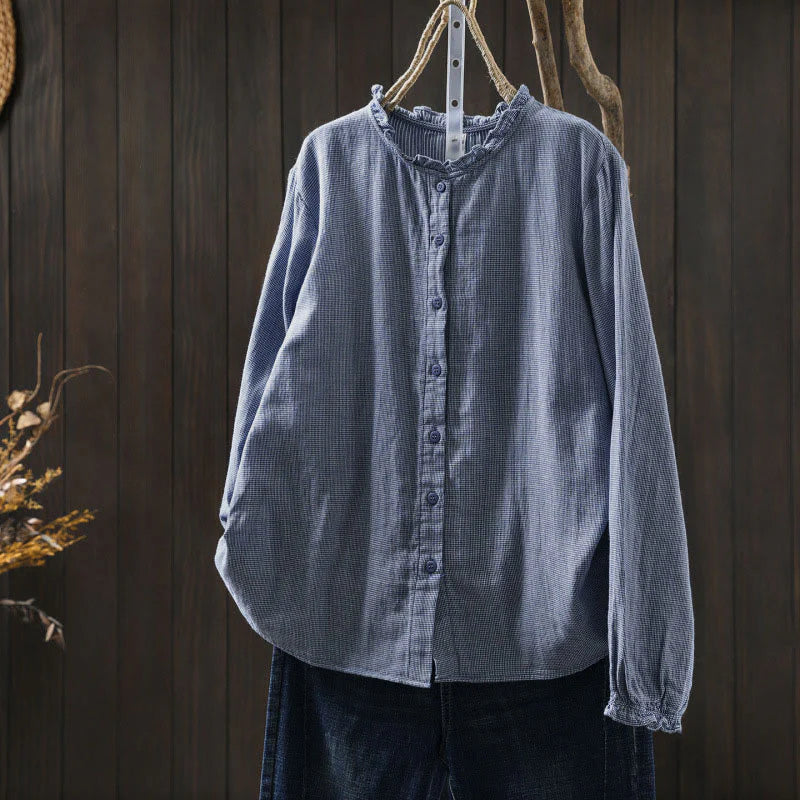 Buddha Stones Fall Small Plaid Button Down Ruffle Collar Long Sleeve Women's Cotton Shirt