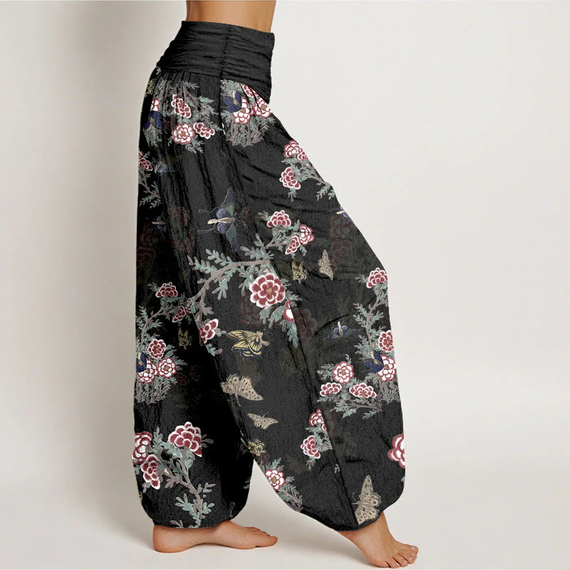 Buddha Stones Cotton Flowers Leaves Butterfly Pattern Women's Elastic Waist Harem Pants
