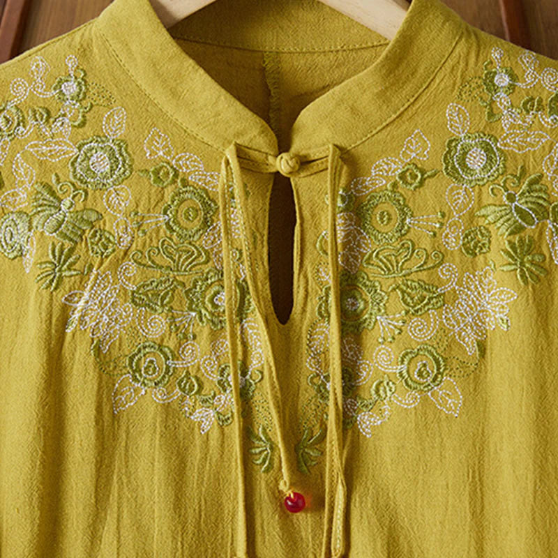 Buddha Stones Vintage Embroidery Frog-button Half Sleeve High Waist Cotton Linen Women's Midi Dress