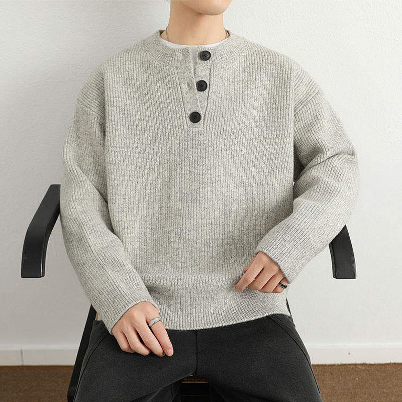 Buddha Stones Winter V-Neck Buttons Ribbed Design Warm Men's Long Sleeve Knitted Sweater