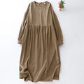 Buddha Stones Tan Solid Color Corduroy Puff Long Sleeve Midi Dress