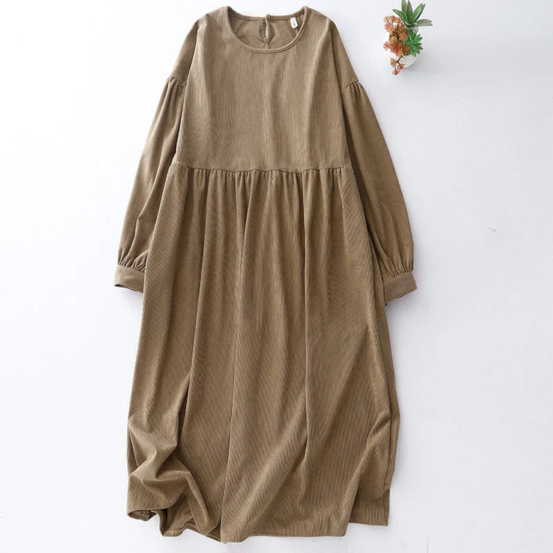 Buddha Stones Tan Solid Color Corduroy Puff Long Sleeve Midi Dress