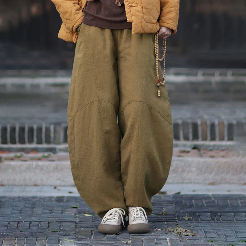 Buddha Stones Winter Elastic Waist Ramie Cotton Thermal Women's Pants With Pockets