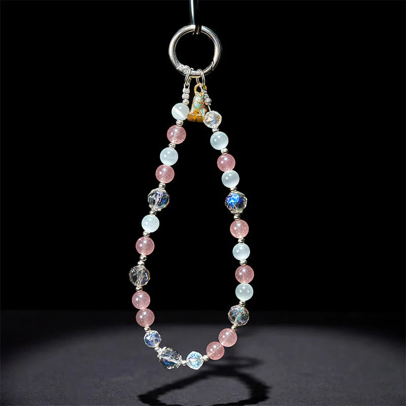 Buddha Stones Year of the Horse Strawberry Quartz White Cat's Eye Key Chain Phone Hanging Decoration