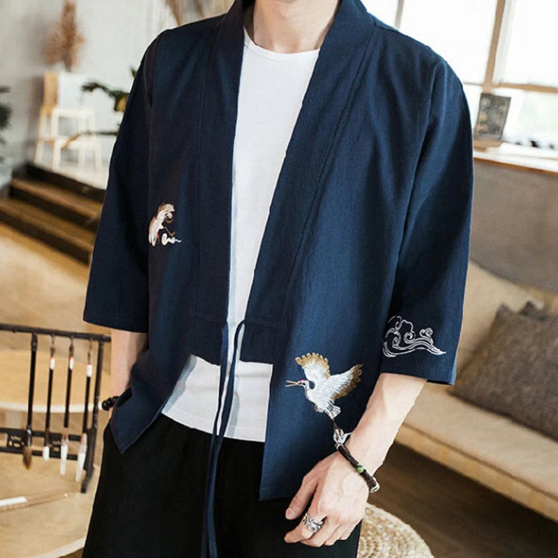 Buddha Stones Embroidery Open Front Jacket Cotton Linen Men's Three Quarter Sleeve Kimono