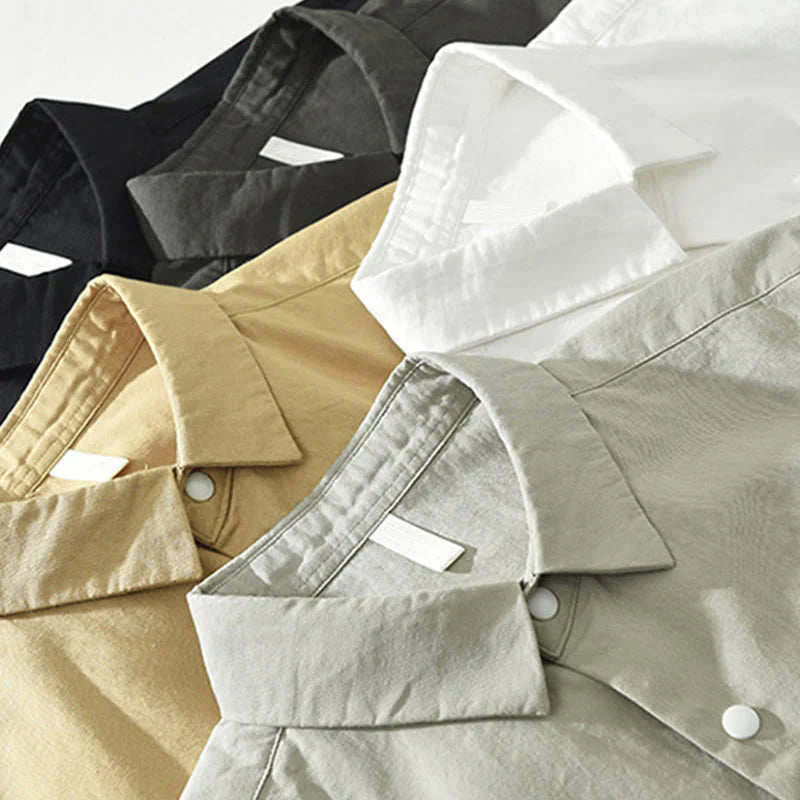Buddha Stones Simple Solid Color Buttons Down Men's Stand Collar Long Sleeve Cotton Shirt