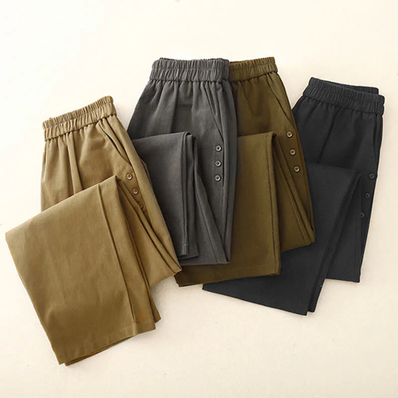Buddha Stones Casual Snap Buttons Women's Cotton Polyester Pants With Pockets