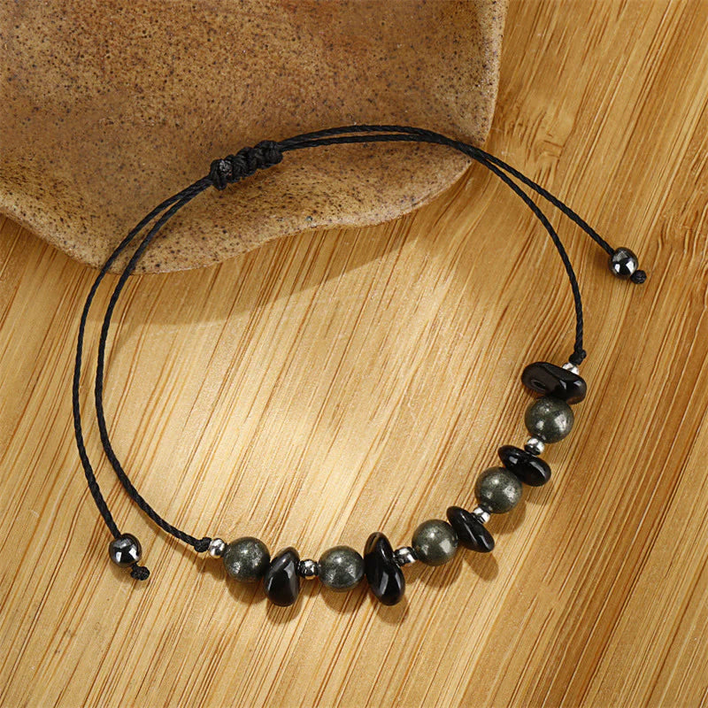 Buddha Stones I Am Protected Iron Pyrite Black Obsidian Fulfillment Bracelet