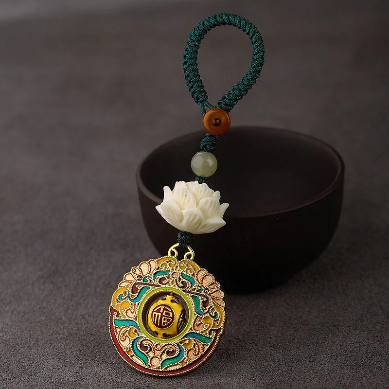 Buddha Stones Bodhi Seed Lotus Hetian Jade Bead Copper Rotatable Peace Key Chain